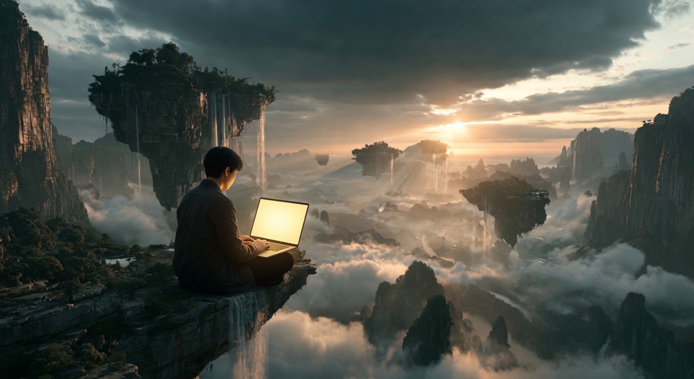 Rowan Lin seated at a laptop overlooking floating islands