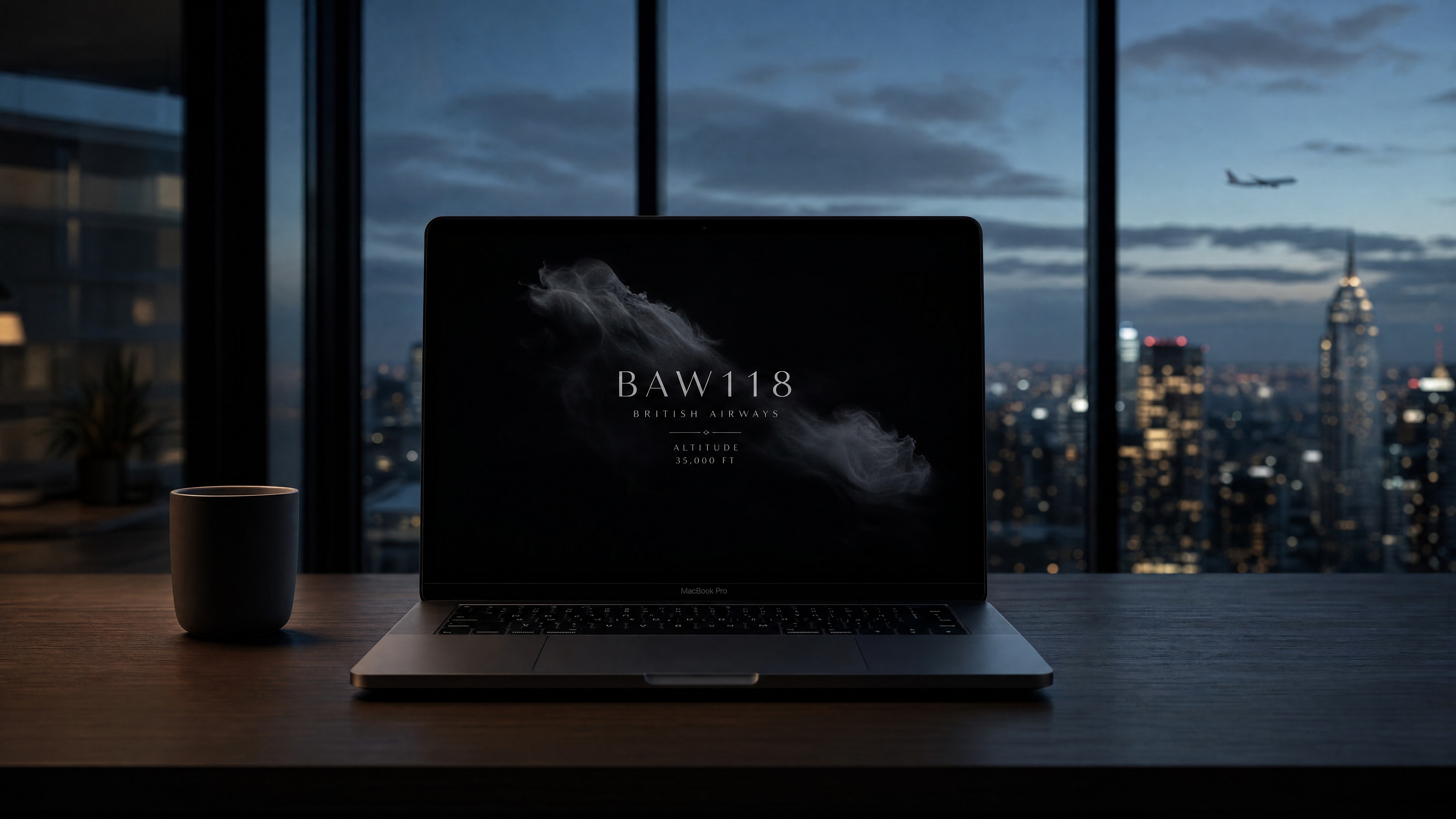 MacBook on a desk at night showing Overhead Flights screensaver with callsign BAW118; city skyline and distant aircraft through floor-to-ceiling windows.