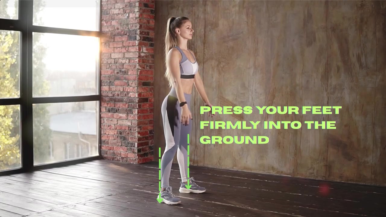Directional cue — green arrows showing downward foot pressure