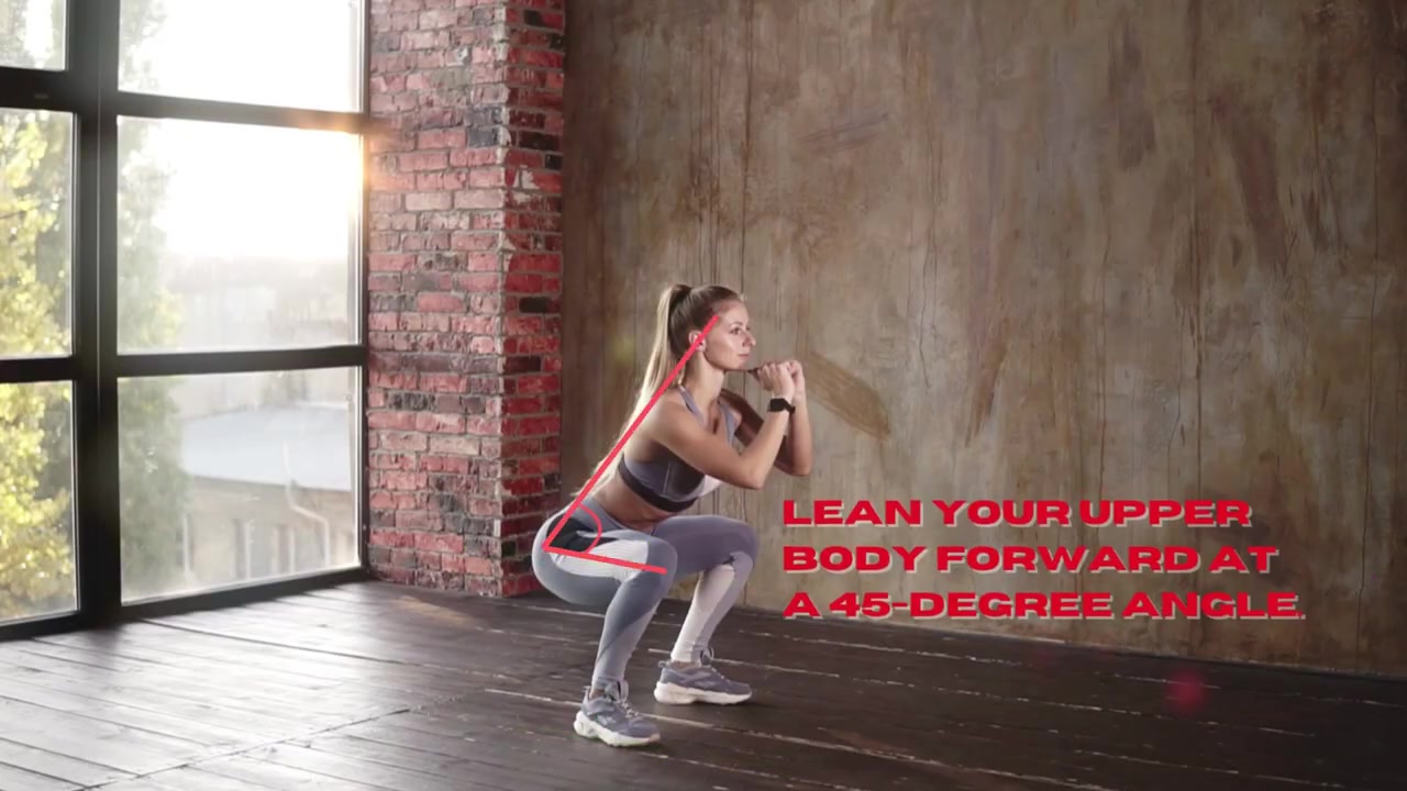 Measurement cue — 45-degree angle line overlaid on torso lean